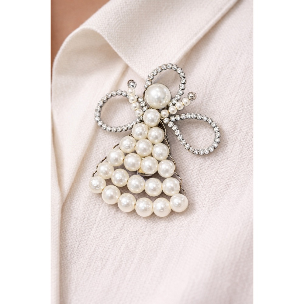 Vintage Handmade Wire Angel Brooch Faux Pearl Beaded Wings Christmas‎ Pin 2.5"
